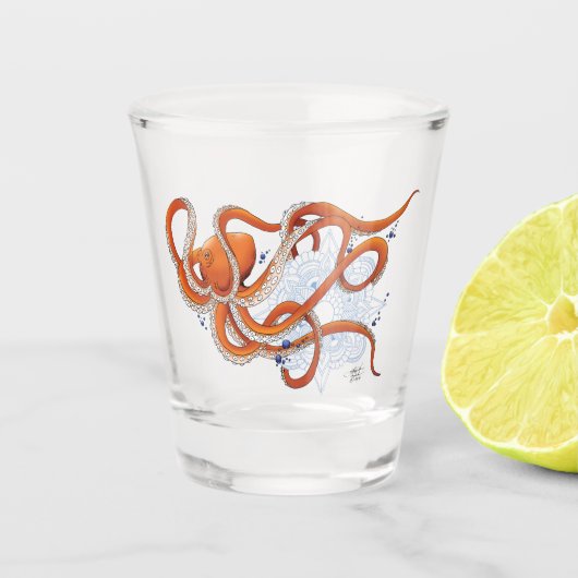 Octopus Orange Mandala Blue Schnapsglas (Vorderseite)