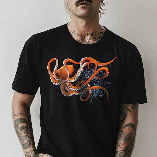 Octopus Orange Mandala Blue T-Shirt