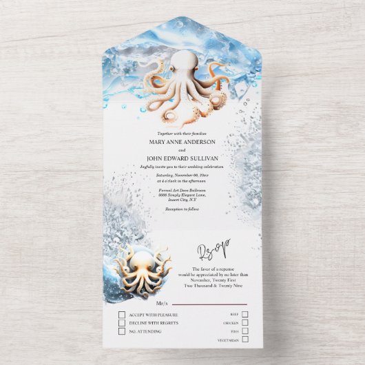 Octopus Ozeanwellen Blaues weißes Küstenmeer All In One Einladung (Innen Boden)