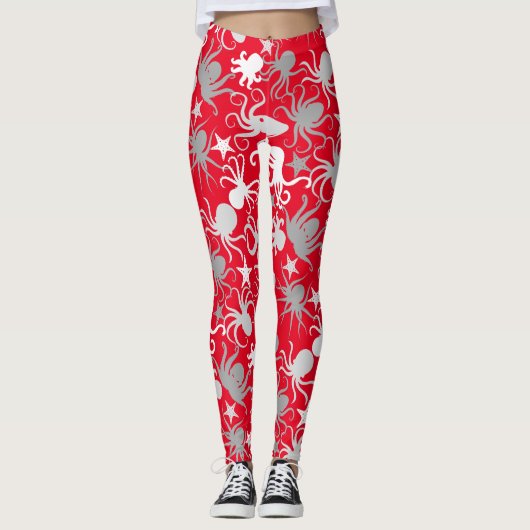 Octopus Pattern.b Red BG Leggings (Vorderseite)