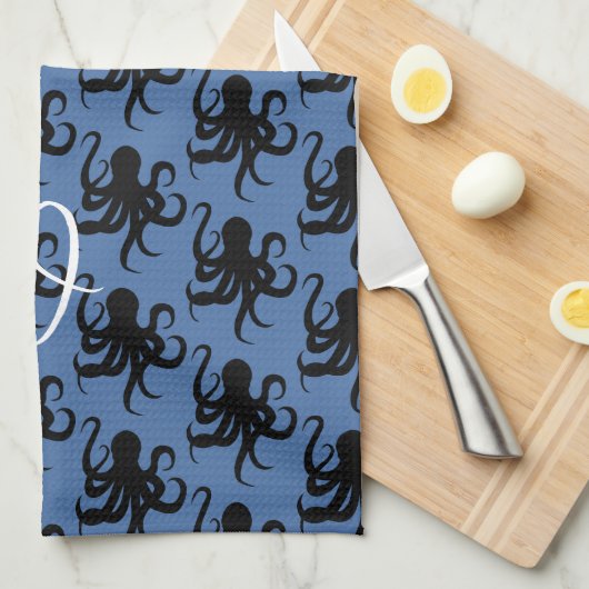 Octopus Pattern Single Initial Dark Blue Geschirrtuch (Viertel Falte)