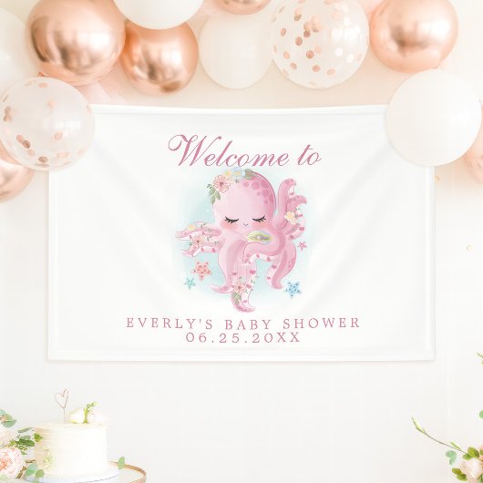 Octopus Pink Watercolor Girl Babydusche Willkommen Banner