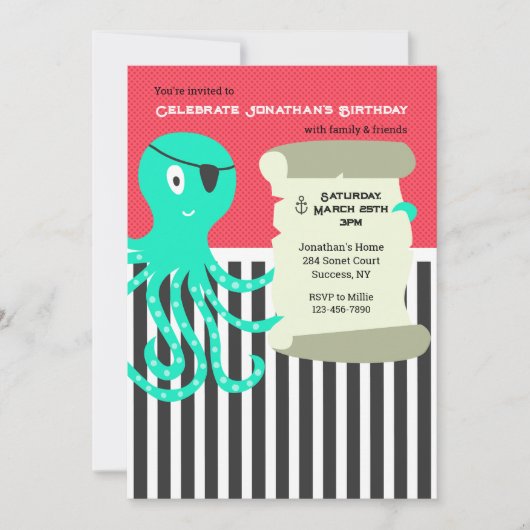 Octopus Pirate Einladung zum Geburtstag (Vorderseite)
