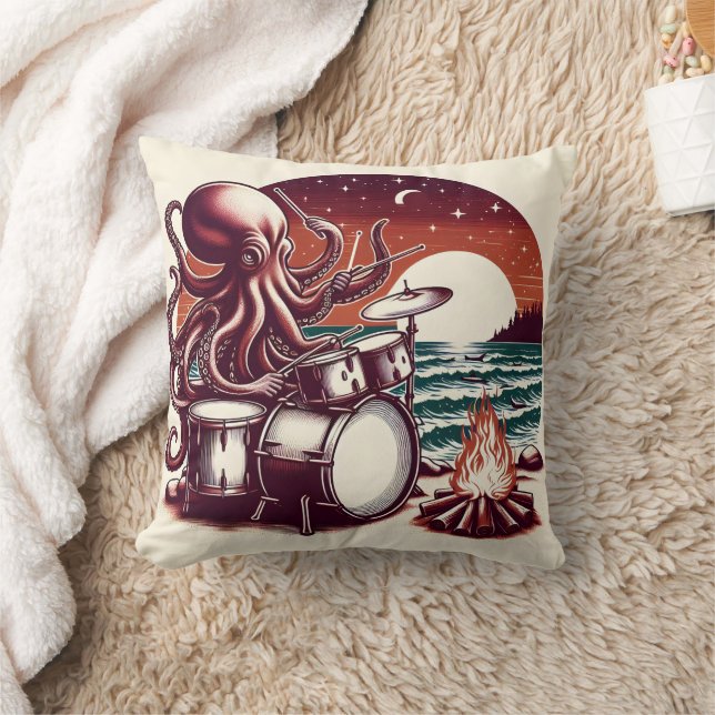 Octopus Playing Drums by Campfire - Sonnenuntergan Kissen (Decke)