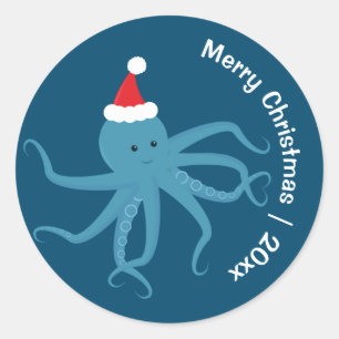 Octopus Santa Merry Weihnachten Runder Aufkleber