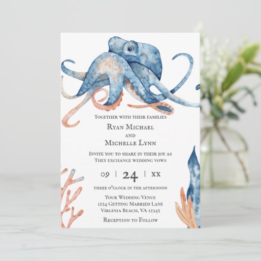 Octopus Sea Life auf der Hochzeit von White Beach Einladung (Stehend Vorderseite)