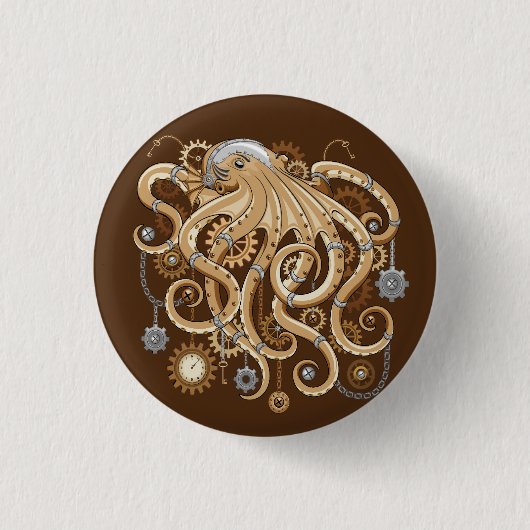 Octopus Steampunk Surreal Retro Style Machine Button (Vorderseite)