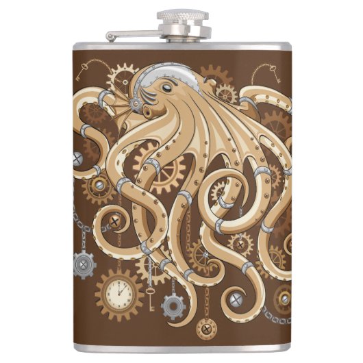 Octopus Steampunk Surreal Retro Style Machine Flachmann (Vorderseite)