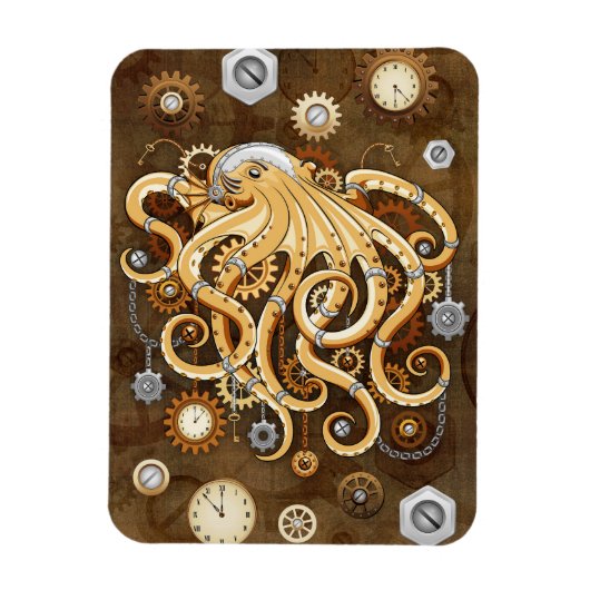 Octopus Steampunk Surreal Retro Style Machine Magnet (Vertikal)