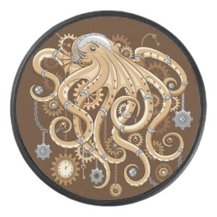 Octopus Steampunk Surreal Retro Style Machine  Pin Eishockey Puck