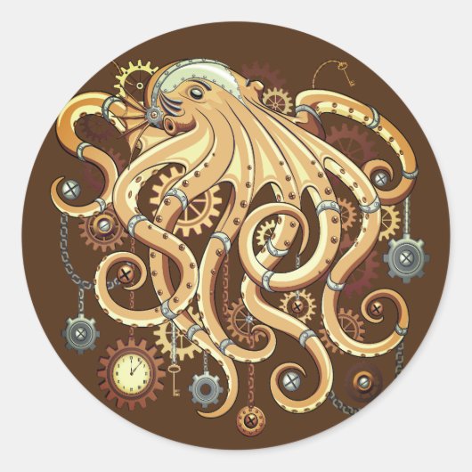 Octopus Steampunk Surreal Retro Style Machine Runder Aufkleber (Vorderseite)