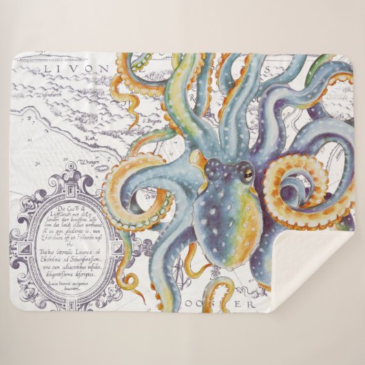 Octopus Tentacles Steel Blue Vintag Map Chic Sherpadecke (Vorderseite (Horizontal))