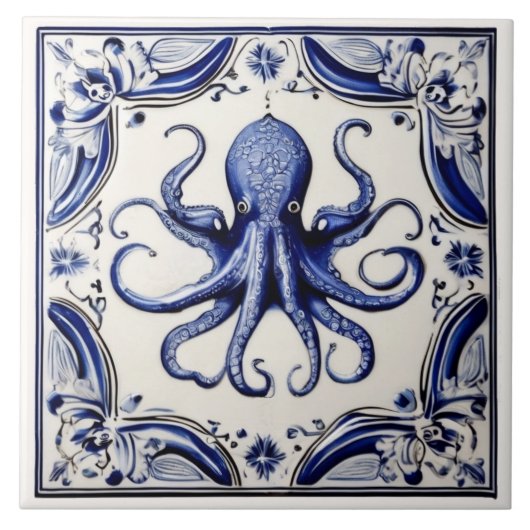Octopus Thema Blau und Weißer Ozean Beach House Fliese (Vorderseite)