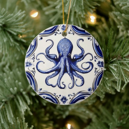 Octopus Thema Blau und Weißer Ozean Beach House Keramik Ornament (Baum)