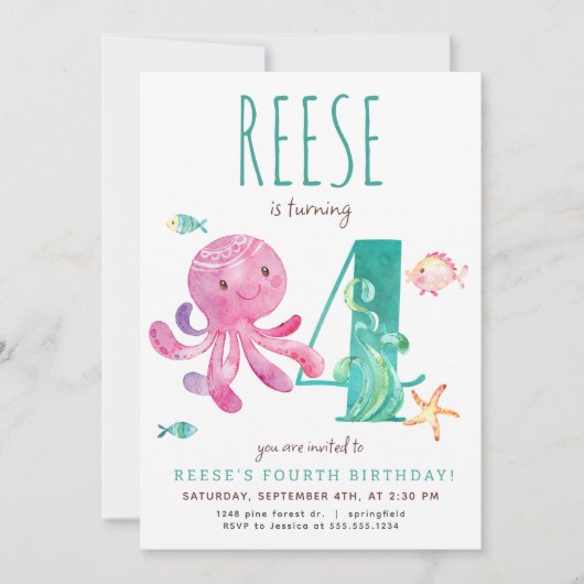 Octopus Vierte Einladung zum Geburtstag (Vorderseite)