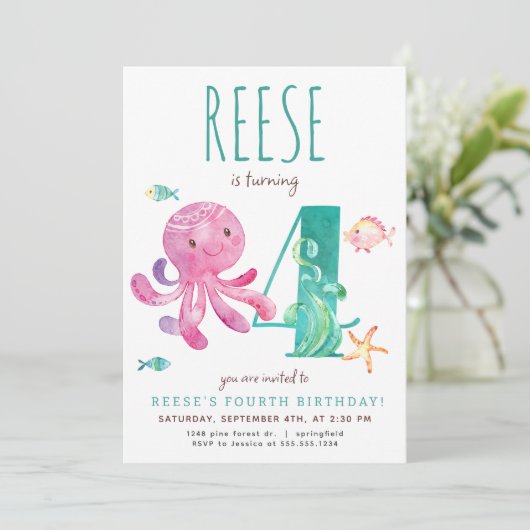 Octopus Vierte Einladung zum Geburtstag (Stehend Vorderseite)