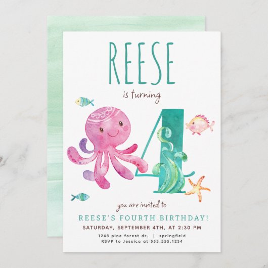 Octopus Vierte Einladung zum Geburtstag (Vorne/Hinten)