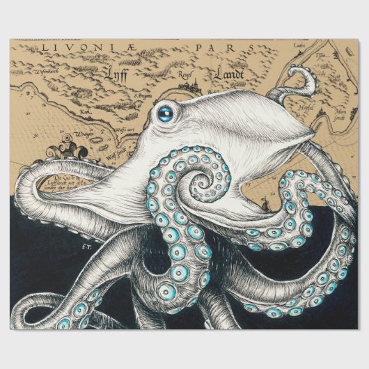 Octopus Vintag Map Beige Geschenkpapier (Flach)