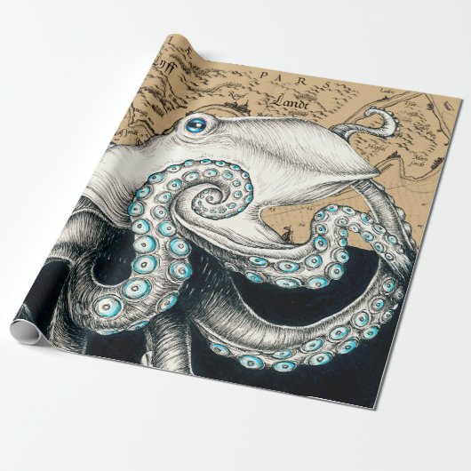 Octopus Vintage Karte Beige Geschenkpapier (Ungerollt)