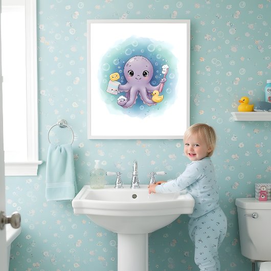 Octopus Wash Station Kids Bathroom Wall Art Poster