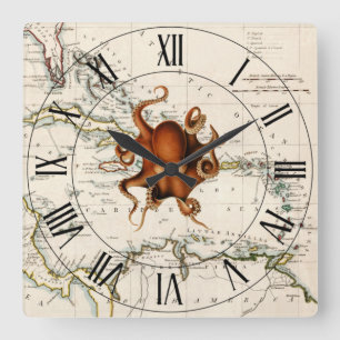 Octopus~West Indies~Caribbean 1785 Nautical Map ~ Quadratische Wanduhr