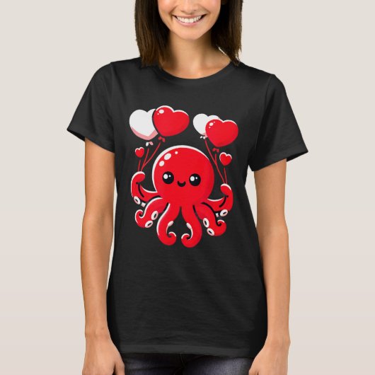 Octopus With Heart Balloons Adorable Valentines Da T-Shirt (Vorderseite)
