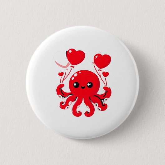 Octopus With Heart Lloons Adorable Valentines Day Button (Vorderseite)