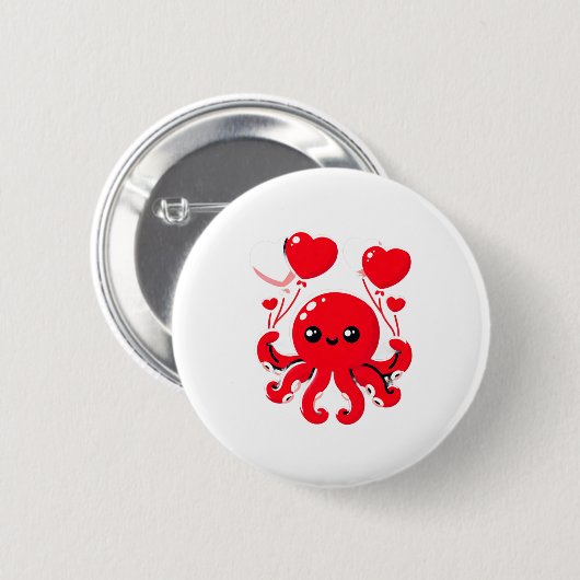 Octopus With Heart Lloons Adorable Valentines Day  Button (Vorne & Hinten)