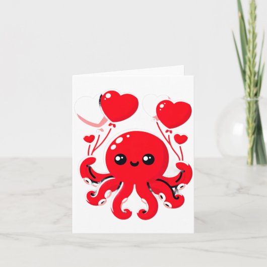 Octopus With Heart Lloons Adorable Valentines Day  Karte (Vorderseite)