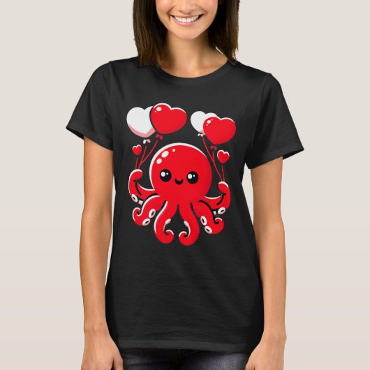 Octopus With Heart Lloons Adorable Valentines Day T-Shirt (Vorderseite)