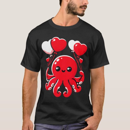 Octopus With Heart Lloons Adorable Valentines Day T-Shirt (Vorderseite)