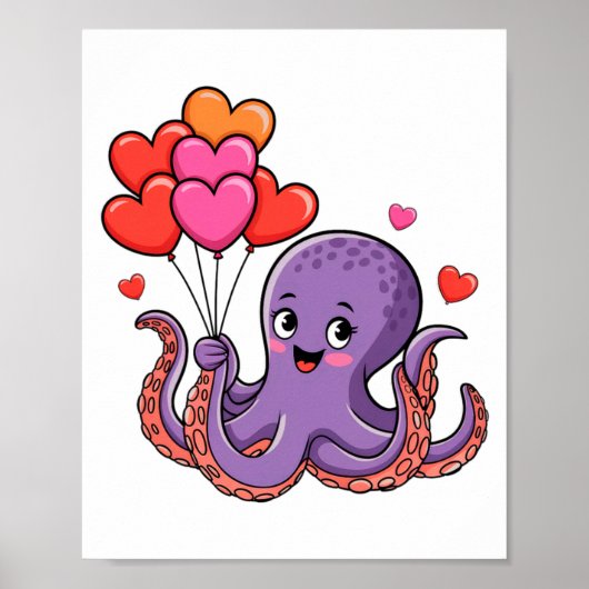 Octopus With Heart Lloons Valentine Day  Poster (Vorne)