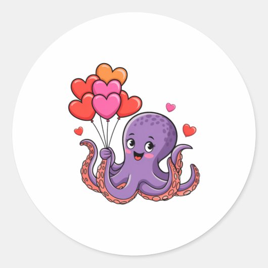 Octopus With Heart Lloons Valentine Day Runder Aufkleber (Vorderseite)