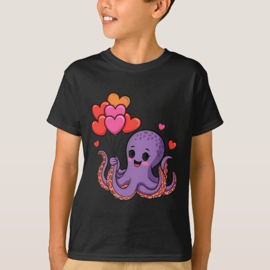 Octopus With Heart Lloons Valentine Day T-Shirt (Vorderseite)