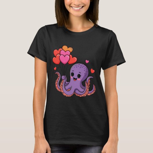 Octopus With Heart Lloons Valentine Day  T-Shirt (Vorderseite)