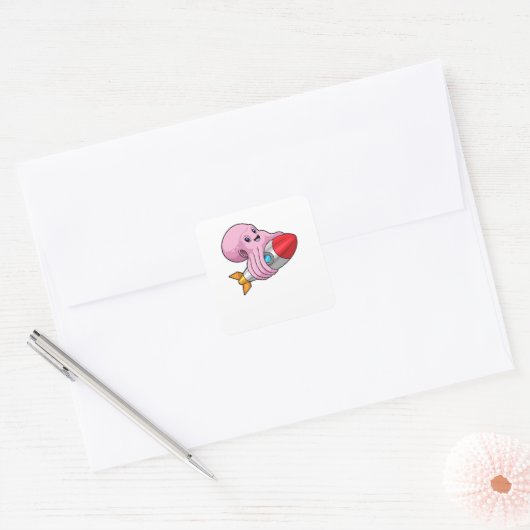 Octopus with Rocket Quadratischer Aufkleber (Umschlag)