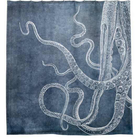Octopus - Zweifarbiges Blau verblasstes Denim Wass Duschvorhang (Vorderseite)