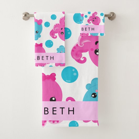 Octopusmuster, Niedlicher Kraken, Meer, Ihr Name Badhandtuch Set (Insitu)