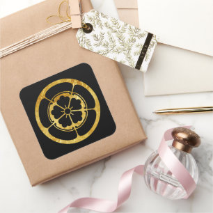 Oda Mon japanischer Samurai-Clan Faux-Gold auf Sch Quadratischer Aufkleber