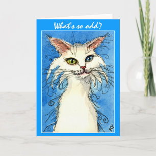 Odd-eyed white cat on blue greeting card karte