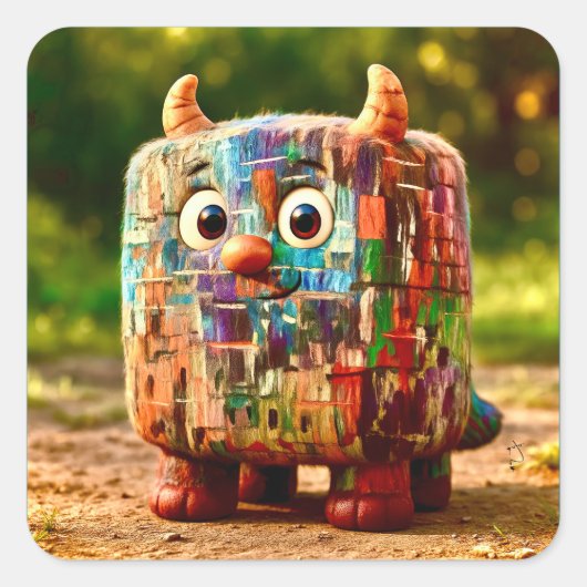 Odd Friends - Patchwork Cube Monster Poster Quadratischer Aufkleber (Vorderseite)