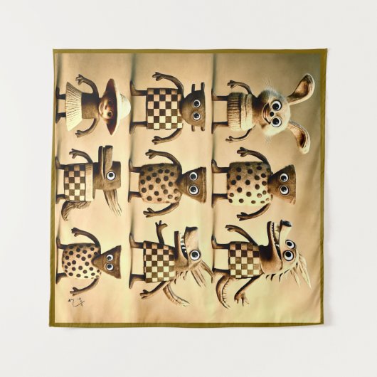 Odd Friends - Schachbrett & Dots Creature Family P Wandteppich (Vorderseite (Horizontal))