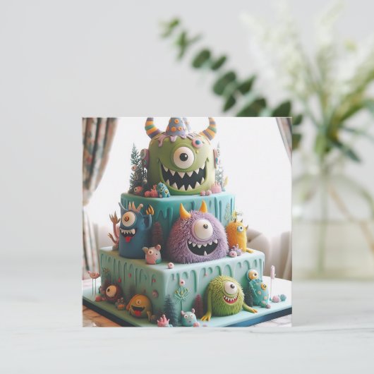 ODDBALL KOOKY CRAZY MONSTER CAKE BIRTHDAY EINLADUNG (Stehend Vorderseite)