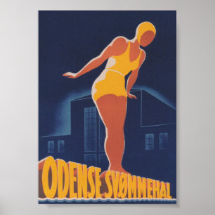 Odense Dänemark, Schwimmer, Vintage-Reiseposter Poster