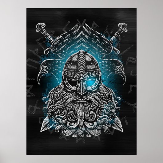 Odin mit Raben und Schwertern Viking Mythology blu Poster (Vorne)