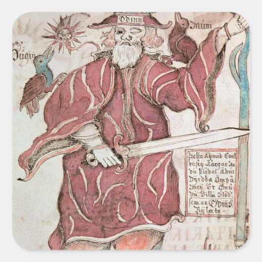 Odin mit seinen beiden Krähen, Hugin und Munin Quadratischer Aufkleber (Vorderseite)