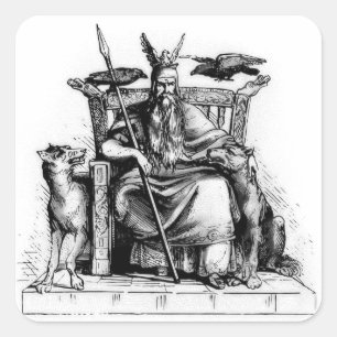 Odin Raben auf seinem Steinthron Wikinger-Mytholog Quadratischer Aufkleber