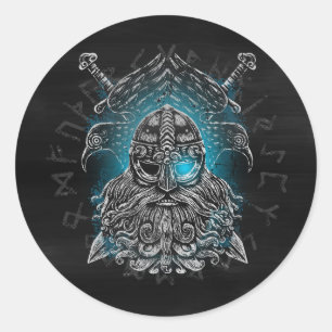 Odin Raben und Schwerter Blau Leuchtendes Auge Nor Runder Aufkleber