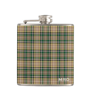 O'Farrell Tartan Monogram Green und Tan Kariert Flachmann