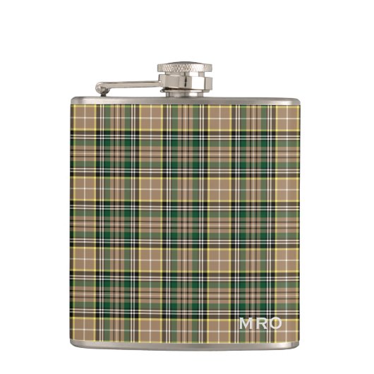 O'Farrell Tartan Monogram Green und Tan Kariert Flachmann (Vorderseite)